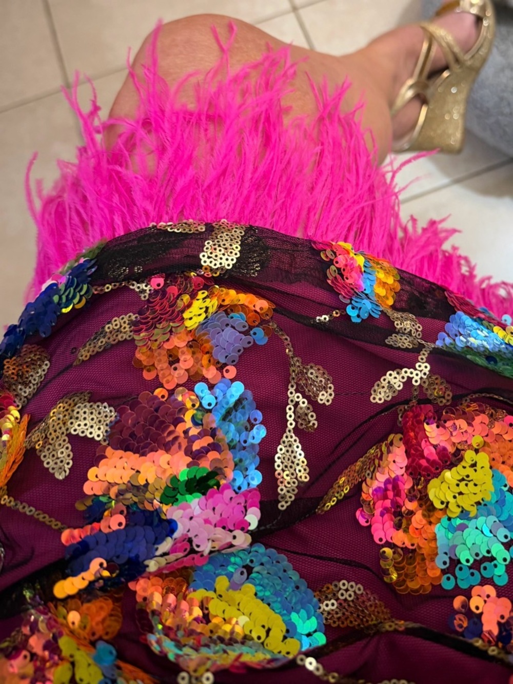 Halter Sequin Mini Dress with Feather Hem - Magenta - Picture 7 of 7